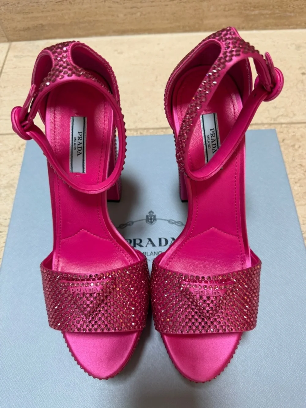 NWT!! PRADA Hot Pink Crystal-Embellished 135mm Platform Sandals